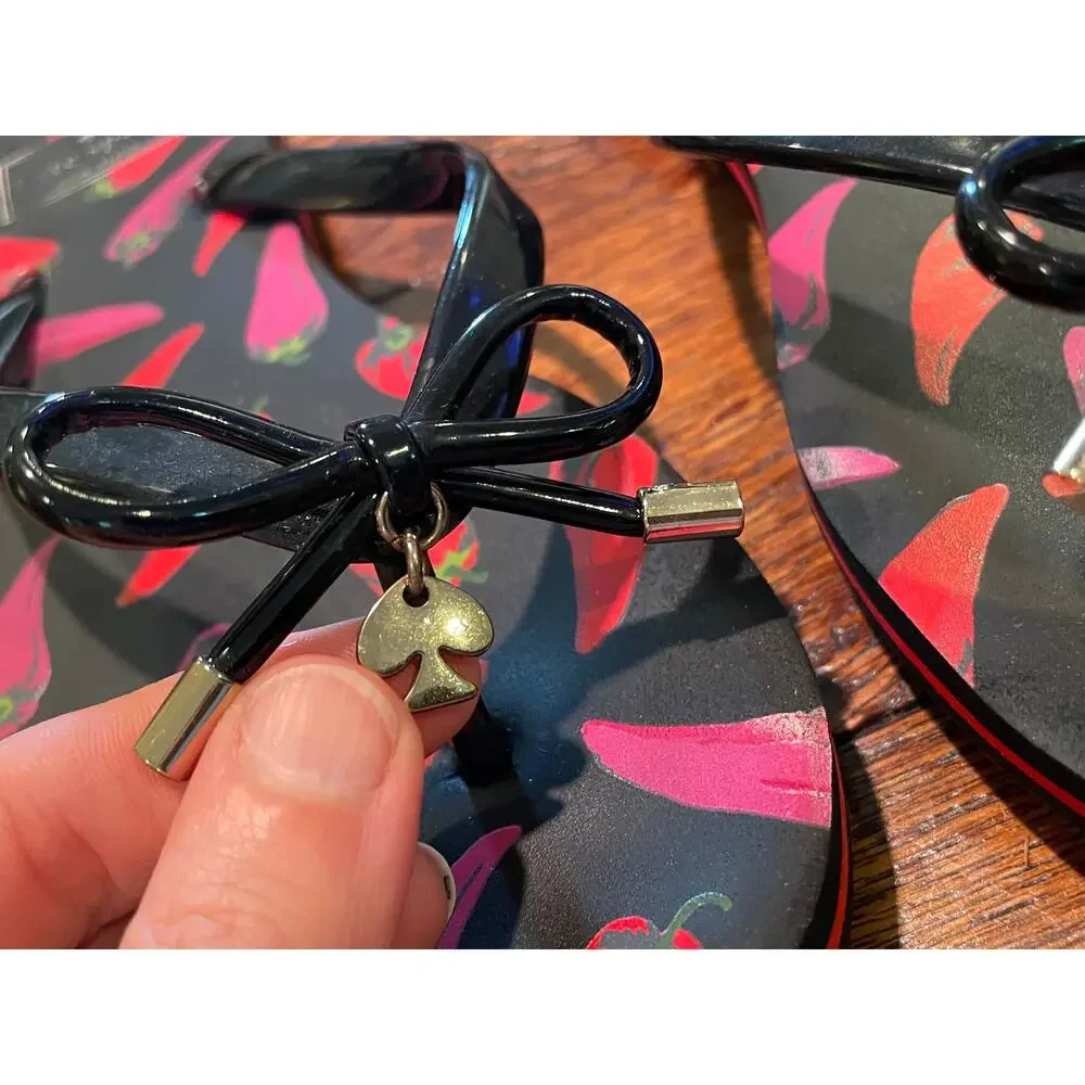 Kate Spade Flip Flops, Black, Red, Chili Pepper Print, Bow Detail, Size 7/8